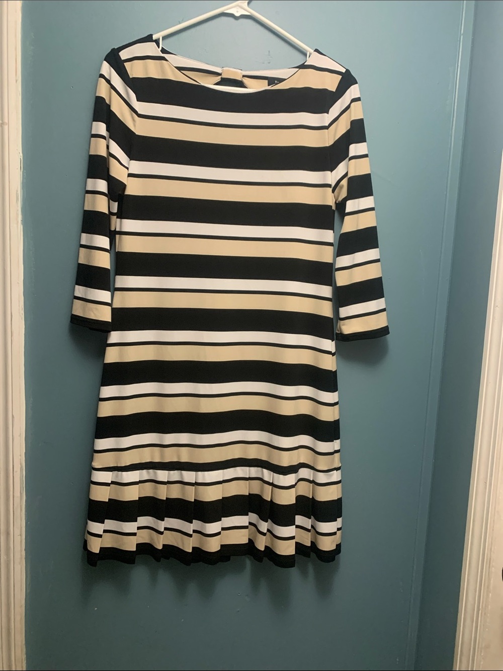 White House Black Market Black, White & Cream Striped Drop-Waist Dress